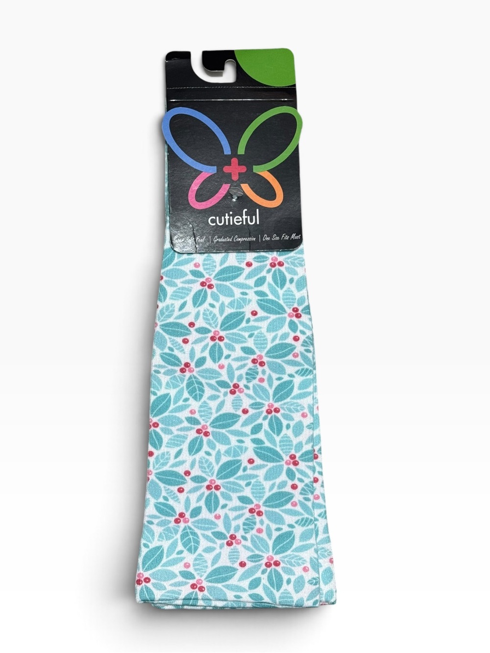 CUTIFUL Super Soft Graduated Compression Socks OS Teal Holly Pattern NEW